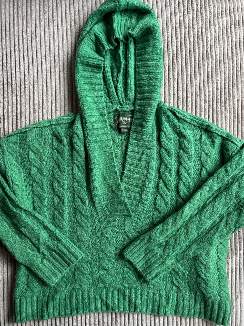 American Eagle Outfitters Green Cable-Knit Hooded Sweater